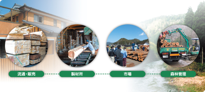 住まいと森はつながっている「流通・販売」「製材所」「市場」「森林管理」